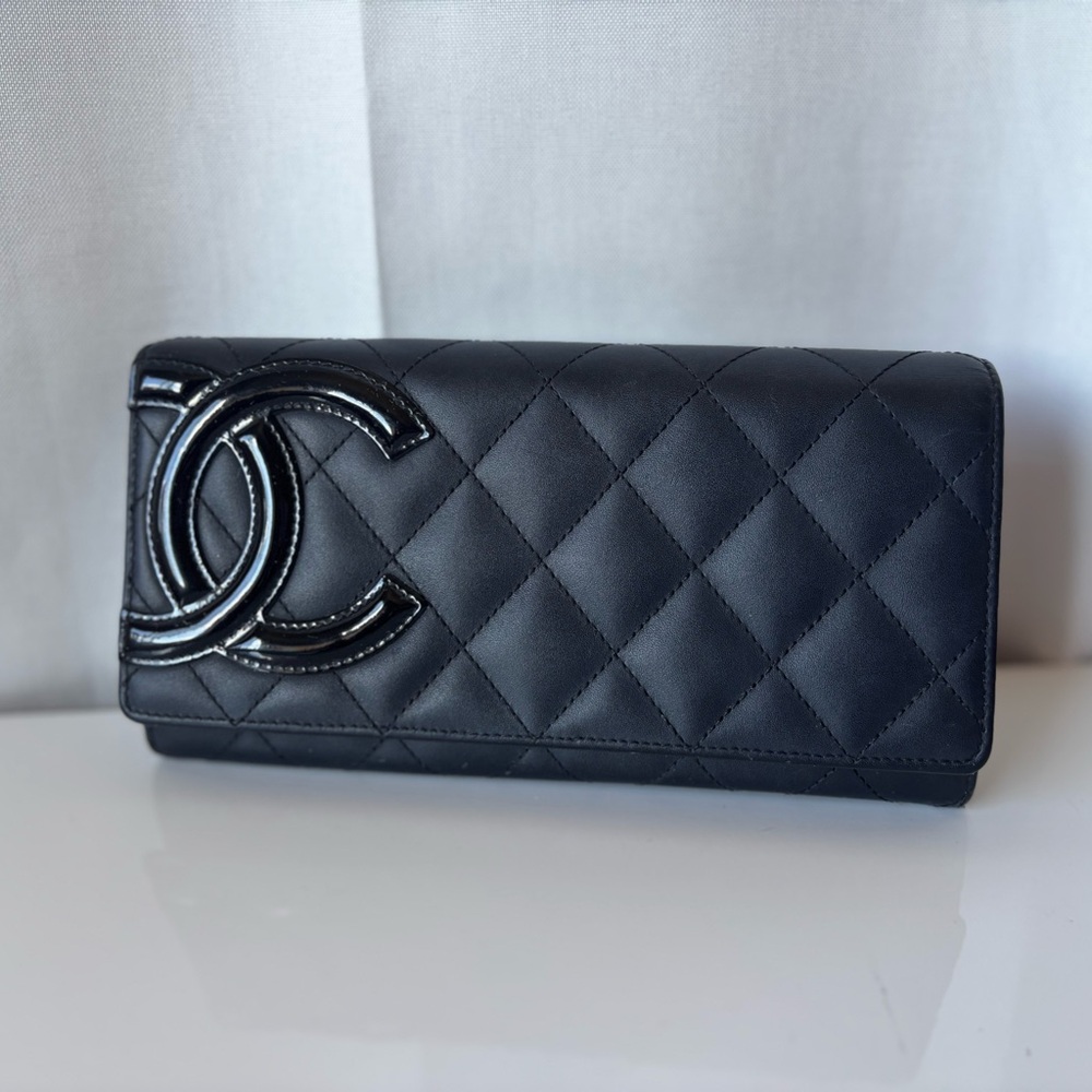 CHANEL Cambon Gusset Long Black Quilted Women's Wallet Black on Black CC